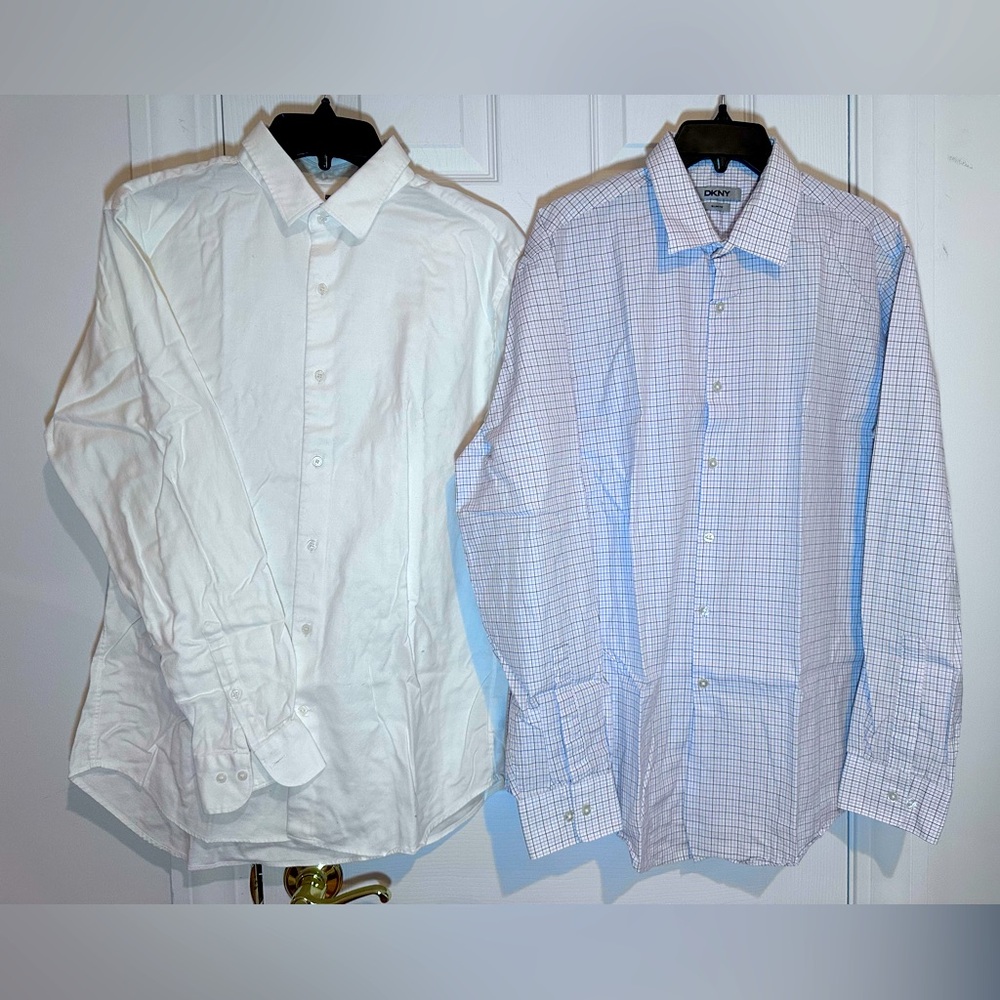 Lot Of 2 Men’s Shirts Size L DKNY Slim Fit 16 34/35 Uniqlo Long Sleeves Shirts